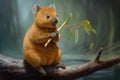 quokka holding a branch, snacking on leaves