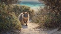 Quokka Standing on Sandy Beach Path with Ocean View Royalty Free Stock Photo