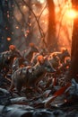 Quoll family in the forest with setting sun shining.