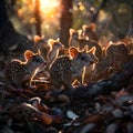 Quoll family in the forest with setting sun shining.
