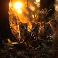 Quolls in the forest with setting sun shining.