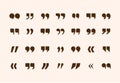 Quotation marks. Comma speech sign. Double graphic logo. Square quote symbol. Inverted graphic text. Opinion comment