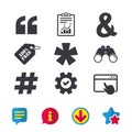 Quote, asterisk footnote icons. Hashtag symbol. Royalty Free Stock Photo