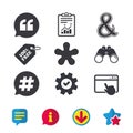 Quote, asterisk footnote icons. Hashtag symbol. Royalty Free Stock Photo