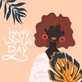 Quote Happy Womens Day for postcard, flyer. Afro Americam woman in minimalism style with tropical leaves for 8 march Royalty Free Stock Photo