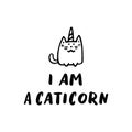 The quote `I am a caticorn` hand-drawing of black ink.
