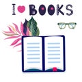 Quote I love books. Open book with novel with tropical leaves. Literature vector illustration with phrase, book, glasses