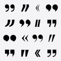 Quote mark. Quotation icon. Symbol of double comma for speech. Black sign of punctuation for text. Set of commas isolated on white
