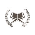 Quran open book emblem. Reading and learning vector icon with wreath. Book on stand award stamp. Graphic illustration isolated