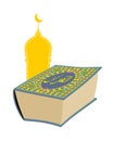 Quran. Sacred book of Muslims. Big thick book and mosque. Text o