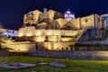 Qurikancha or Coricancha or Inti Kancha or Inti Wasi or Kiswar Kancha or Inca Wiracocha temple and palace in Cusco, Peru by night Royalty Free Stock Photo