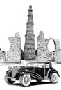 Qutub Minar and Vintage Car Vector Illustration - New Delhi, Ind