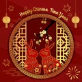 Chinese style window lattice with rabbit paper cut and plum blossoms and lanterns on red background with Happy Chinese New Year Royalty Free Stock Photo