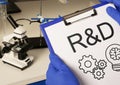 R and D as research and development concept. R and D and microscope on table Royalty Free Stock Photo