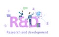 R and D, Research and Development. Concept table with people, letters and icons. Colored flat vector illustration on Royalty Free Stock Photo