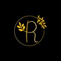 R Gold letter and Gold Leaf logo design. R Letter golden initial luxury Boutique Nature Floral Flower. R Monogram vector design