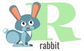 R letter card. Cartoon rabbit alphabet word