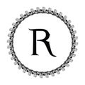 R letter in circle frame in floral ornament style on black color and white background