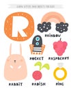 R letter objects and animals including rabbit, raspberry, rocket, rainbow, radish, ring. Learn english alphabet, letters