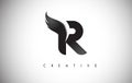 R Letter Wings Logo Design with Black Bird Fly Wing Icon.