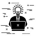 user with a light bulb instead of a head and a tie working on a laptop, a conceptual illustration of an inspired person with a Royalty Free Stock Photo