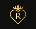 R Logo With Crown and Love Shape. Heart Letter R Logo Design, Gold, Beauty, Fashion, Cosmetics Business, Spa, Salons, And Yoga