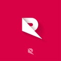 R monogram. R logo. White origami logo on red background.