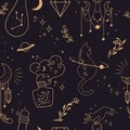 Mystical seamless background. Silhouettes of witch`s potions in bottles and cats. Planets, space and stars.