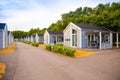 Raa, Sweden - 17.06.2018: Group of similar grey camping cabins in small swedish town Raa