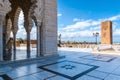 RABAT, MOROCCO - MARCH 20, 2018: Beautiful Mausoleum of Mohammed V and square with Hassan tower in Rabat on sunny day. March 20,