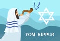 Rabbi with a tallit, Jew blowing a shofar on the horn of a ram on the day of Rosh Hashanah and Yom Kippur. Vector