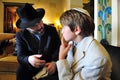 Rabbi teaching a Jewish boy torah for the Bar Mitzvah ceremony