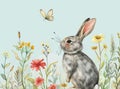 Rabbit amidst flowers butterfly flies overhead on blue backdrop. Generated AI