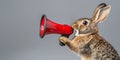 Rabbit announcing using megaphone. Notifying, warning, announcement