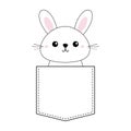 Rabbit baby face head icon sitting in the pocket. Pink cheeks. Contour line. Funny hare. Cute cartoon character. Love card. Kawaii