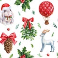 Rabbit, balloon, mistletoe and deer. Christmas seamless pattern. Hand drawn watercolor illustration.