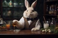 Rabbit barman in a bar with a cocktail. Anthropomorphic animals concept