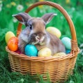 Rabbit in the basket with colored easter eggs