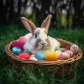 Rabbit in the basket with colored easter eggs