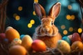 Rabbit in basket with easter eggs Royalty Free Stock Photo