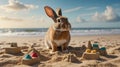 Adorable Bunny Rabbit Playing on Sandy Beach near Ocean Royalty Free Stock Photo