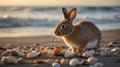 Adorable Brown Rabbit on Seashore with Seashells at Sunset Royalty Free Stock Photo