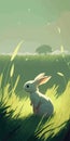 Rabbit. Beautiful art design vector of cute little easter bunnies in a blooming meadow.