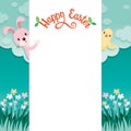 Rabbit, Bird And Nature Background Frame With Happy Easter