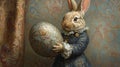 Rabbit in a Blue Coat Holding an Ornate Easter Egg Royalty Free Stock Photo