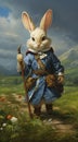 Rabbit in blue coat holding stick with feathered mouse cavalry s