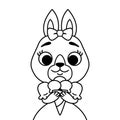 Rabbit with a bow on her head in a dress with ice cream. Outline print for coloring book and page. Cartoon animal character vector