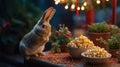 Adorable Bunny Rabbit with Popcorn and Festive Lights Royalty Free Stock Photo