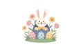 Rabbit in broken egg surrounded by flowers and easter eggs Royalty Free Stock Photo