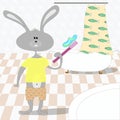 Rabbit brushes teeth in the bathroom